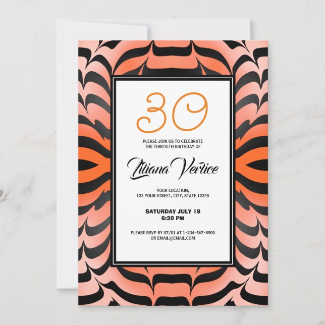 Invitación Elegante Naranja psicodélico de piel de tigre negr (Anverso)