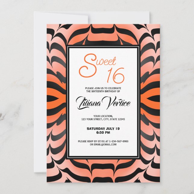 Invitación Elegante Naranja psicodélico de piel de tigre negr (Anverso)