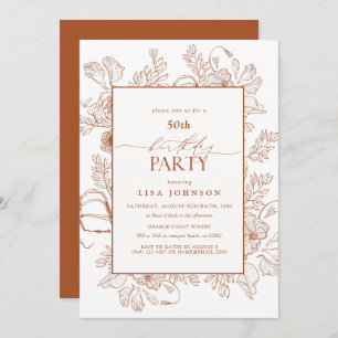 Invitación Elegante Naranja quemado 50 cumpleaños línea flora