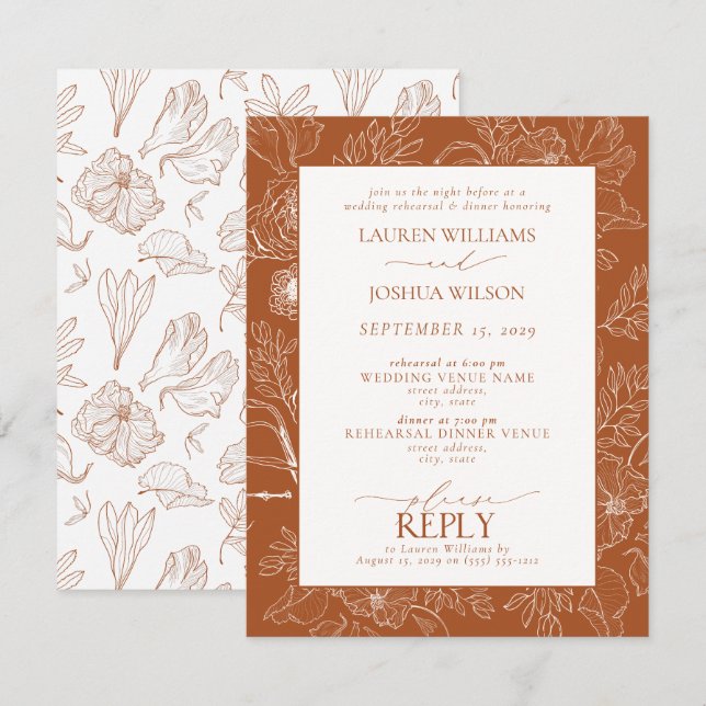 Invitación Elegante Naranja quemado Boda ensayo cena (Anverso / Reverso)