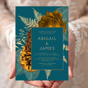 Invitación Elegante Naranja quemado  dorado Floral Verde azul