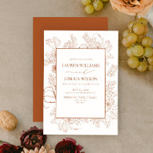 Elegante Naranja quemado Floral Line Art Boda Inv