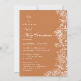 Invitación Elegante Naranja quemado Floral Primera Santa Comu