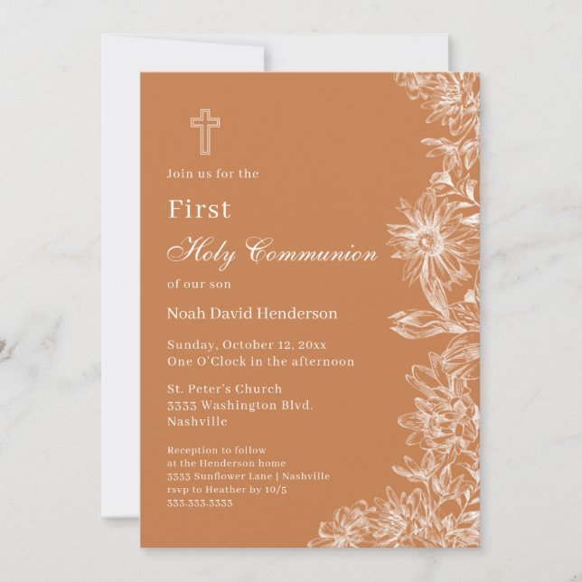 Invitación Elegante Naranja quemado Floral Primera Santa Comu (Anverso)