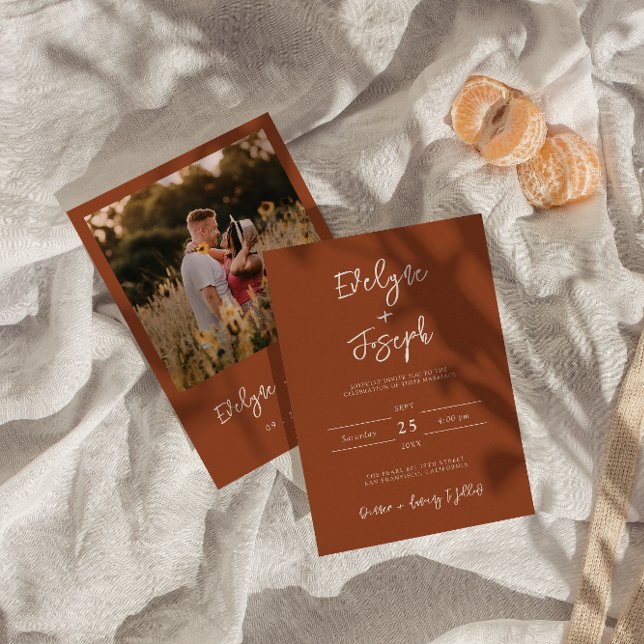 Invitación Elegante Naranja quemado Foto Boho Boda moderno (Subido por el creador)