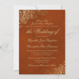 Invitación Elegante Naranja quemado o oxidado y Boda formal d