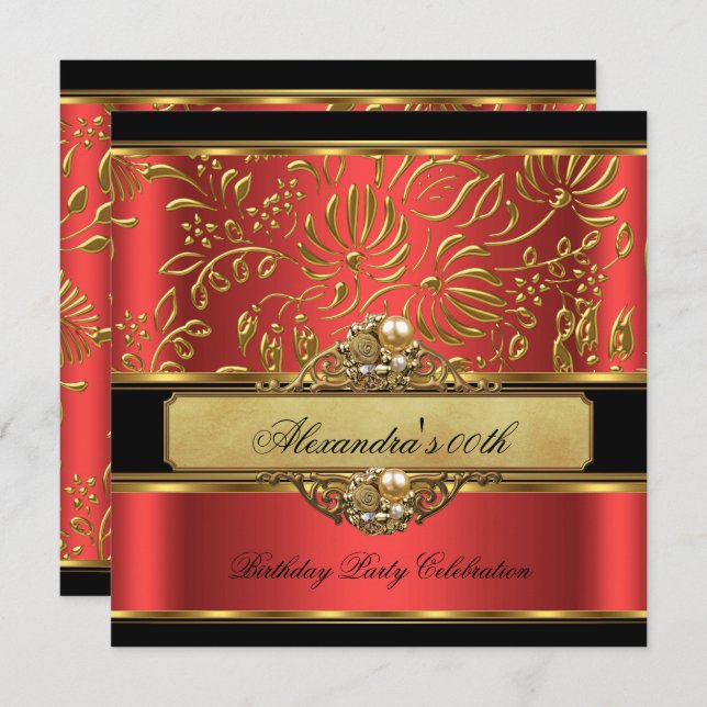 Invitación Elegante Naranja quemado Red Gold Damask Pearl Fie (Anverso / Reverso)