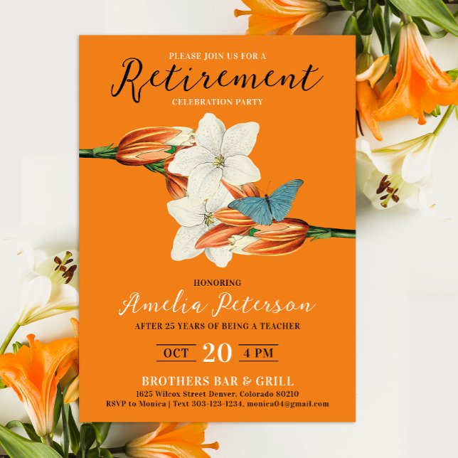 Invitación Elegante Naranja Retirada Retro Lily Floral (Subido por el creador)