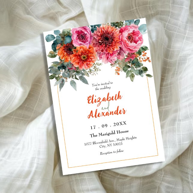 Invitación Elegante Naranja rosa acuarela Boda floral (Subido por el creador)