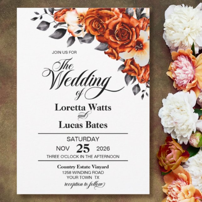 Invitación Elegante Naranja Rosa Boda floral quemado (Subido por el creador)