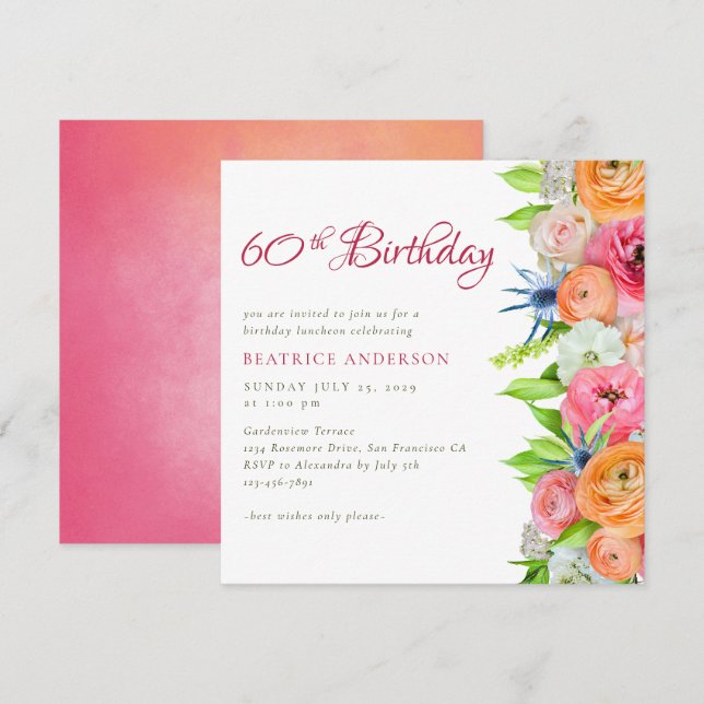 Invitación Elegante Naranja rosa Floral 60 cumpleaños (Anverso / Reverso)