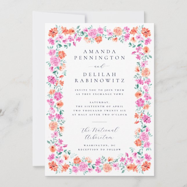 Invitación Elegante Naranja rosa primavera florida Boda lesbi (Anverso)