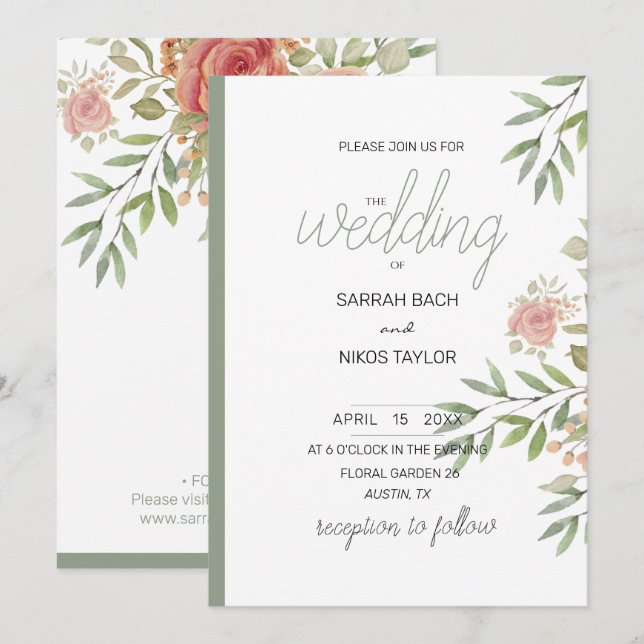 Invitación Elegante Naranja Rubor Rosas acuarela (Anverso / Reverso)
