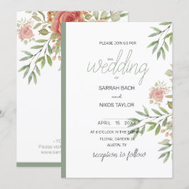 Invitación Elegante Naranja Rubor Rosas acuarela