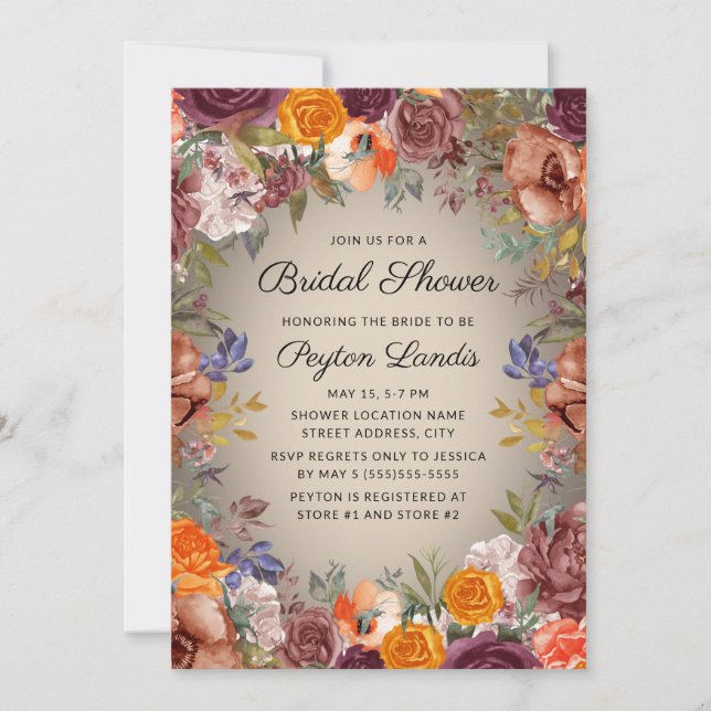 Invitación Elegante Naranja Rust Floral Brown Bridal Shower (Anverso)