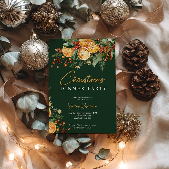 Invitación Elegante Naranja Rústico Navidades de pino Fiesta  (Elegant Rustic Orange Pine Christmas Party Green Invitation)