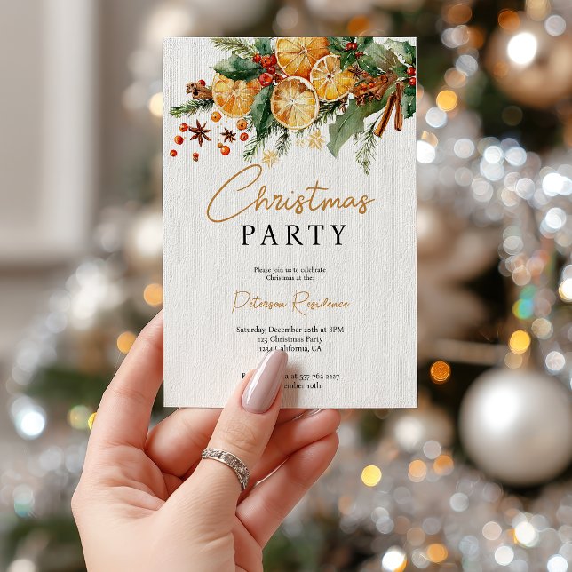 Invitación Elegante Naranja Rústico y Fiesta de Navidades Pin (Elegant Rustic Orange and Pine Christmas Party Invitation)
