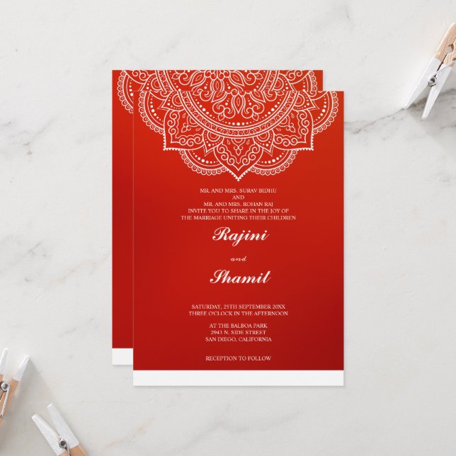 Invitación Elegante Naranja simple Red Paisley Hindu (Anverso/Reverso In Situ)