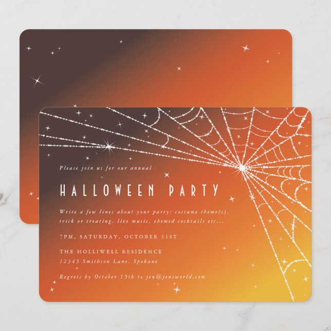 Invitación Elegante Naranja Sunset Spider fiesta de Halloween (Anverso / Reverso)