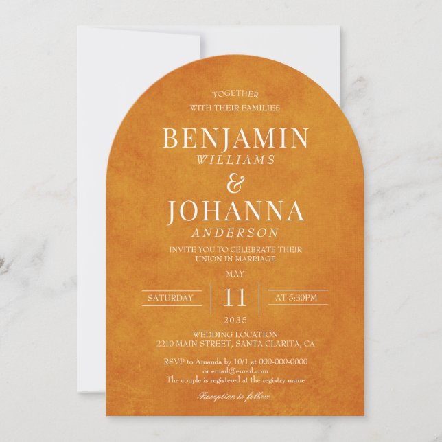 Invitación Elegante Naranja Sunset Watercolor Arch Boda (Anverso)