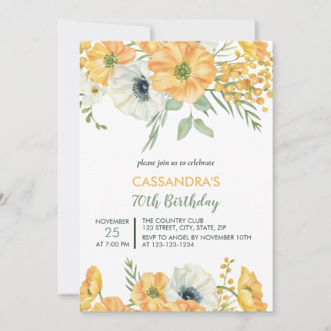 Invitación Elegante Naranja y Anemone Blanco Aniversario Flor (Anverso)