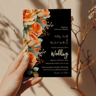 Invitación Elegante Naranja y Boda floral de acuarela negra