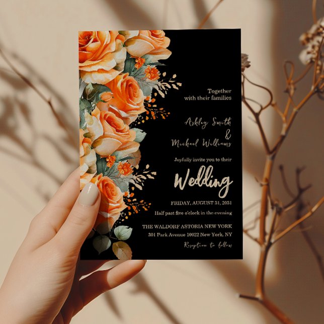 Invitación Elegante Naranja y Boda floral de acuarela negra (Subido por el creador)