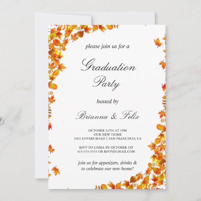 Invitación Elegante Naranja y fiesta de graduación floral ama (Anverso)