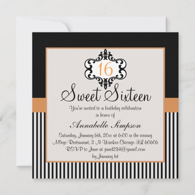 Invitación Elegante Naranja y Moda negra de 16 invitados (Anverso)
