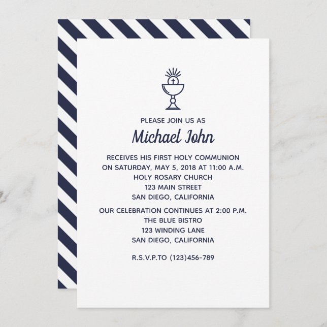 Invitación Elegante Nautical Blue boy Primera Comunión (Anverso / Reverso)