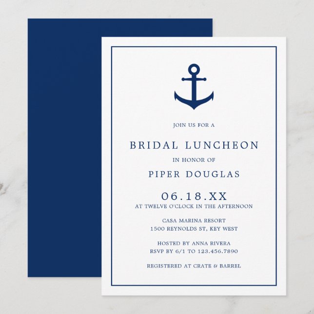 Invitación Elegante Nautical Navy Blue Anchor Bridal Luncheon (Anverso / Reverso)