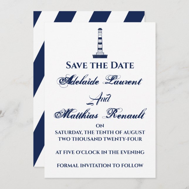 Invitación Elegante Nautical Save the Date - Azul marino, (Anverso / Reverso)