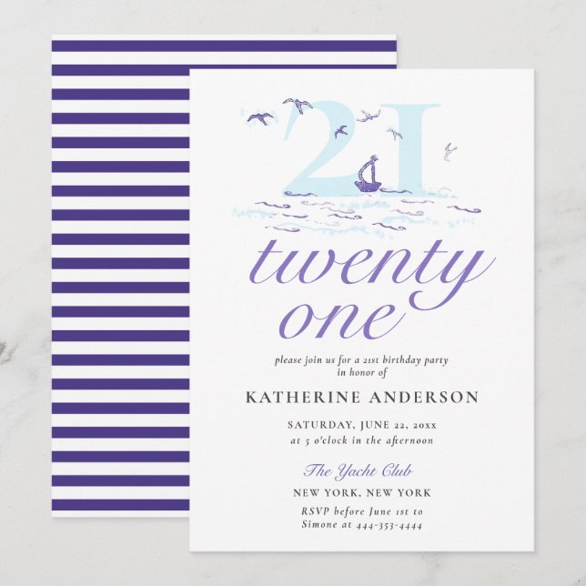 Invitación Elegante Nautical Stripes Boat Ocean 21 cumpleaños (Anverso / Reverso)