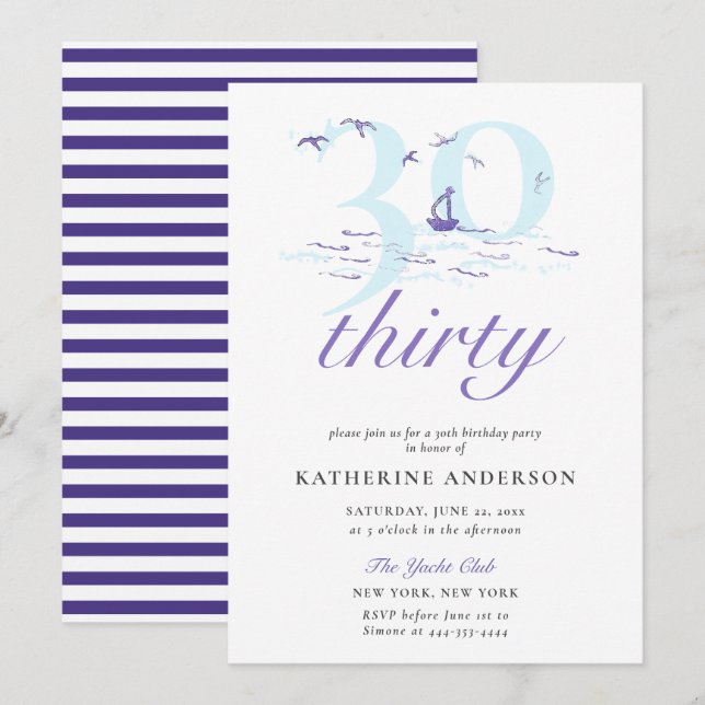 Invitación Elegante Nautical Stripes Boat Ocean 30 cumpleaños (Anverso / Reverso)