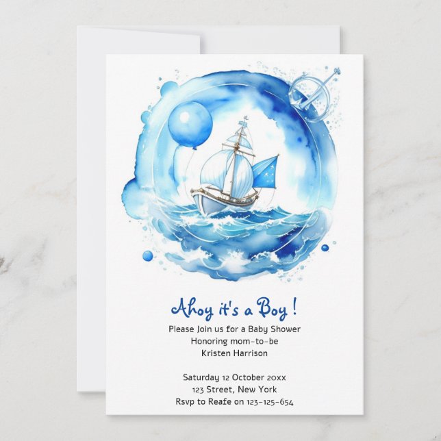 Invitación Elegante Nautical Watercolor Boy Baby Shower (Anverso)