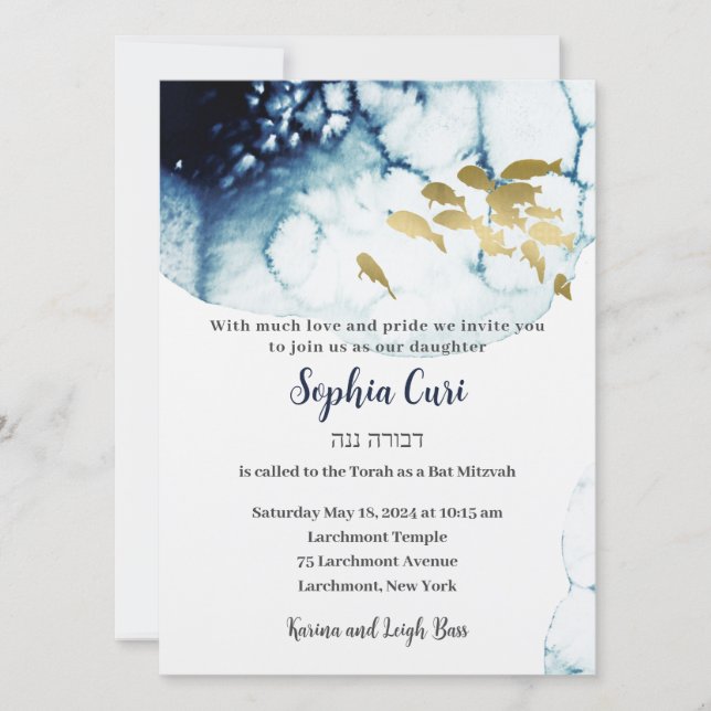 Invitación Elegante Naval de Oro Pescado Submarino Bat Mitzva (Anverso)