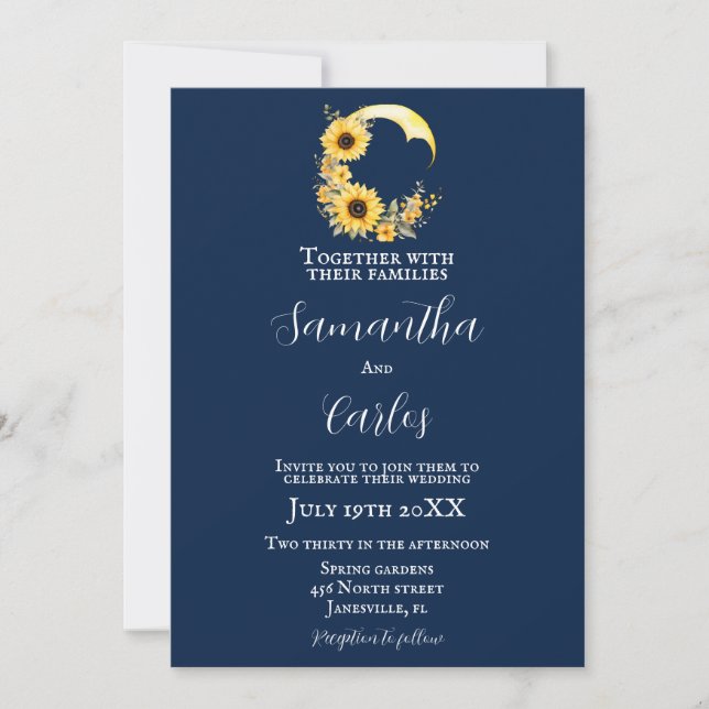 Invitación Elegante, naval, rústico boda de luna de girasol (Anverso)