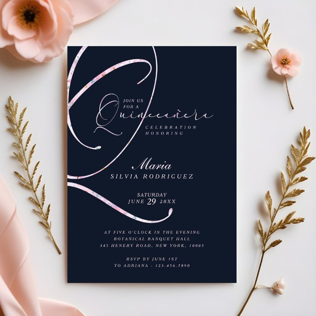 Invitación Elegante Navía Mínima y Guión Rosa Quinceañera (Elegant Minimal Navy & Pink Script Quinceañera Invitation)