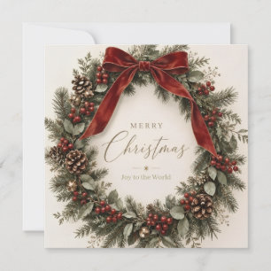 Invitación Elegante Navidad Botánica, Corona y Lazo Borgoña
