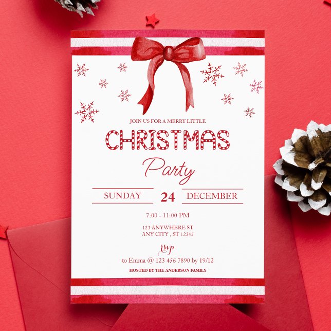 Invitación Elegante Navidad de copas de nieve de vaca roja en (Front)