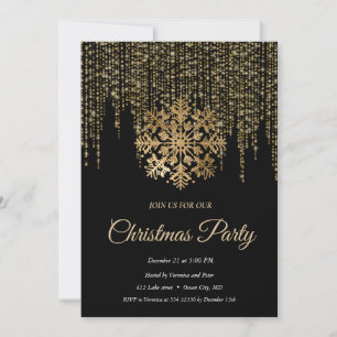 Invitación Elegante Navidades Black Golden SnowflakeFrame