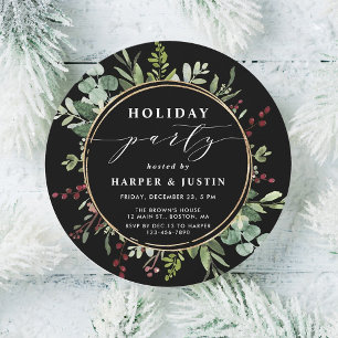 Invitación Elegante Navidades botánicos Fiesta Círculo negro