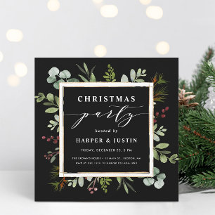 Invitación Elegante Navidades botánicos Fiesta Plaza Negro