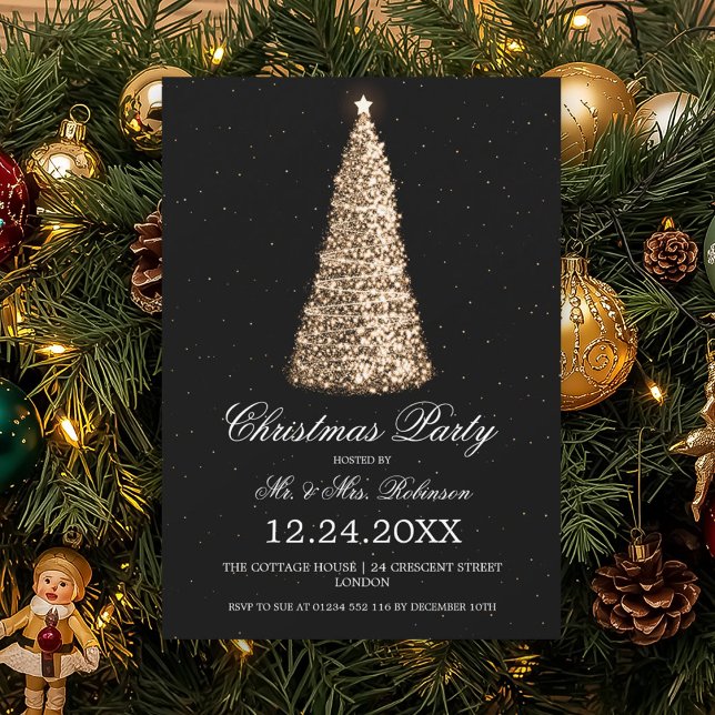 Invitación Elegante Navidades de árbol de oro Fiesta negro (Elegant Gold Tree Christmas Party Black Invitation)