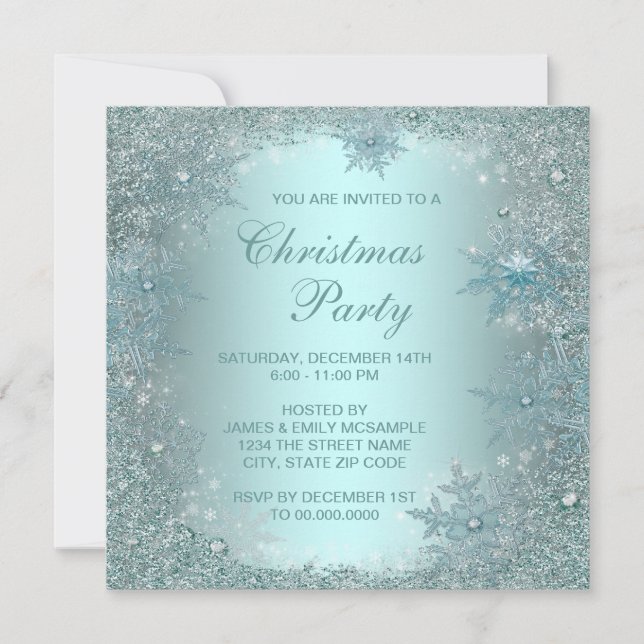 Invitación Elegante Navidades de copos de nieve azul Verde az (Anverso)