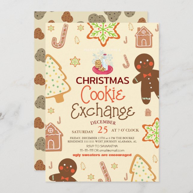 Invitación Elegante Navidades de guiones Fiesta de Cookie Exc (Anverso / Reverso)