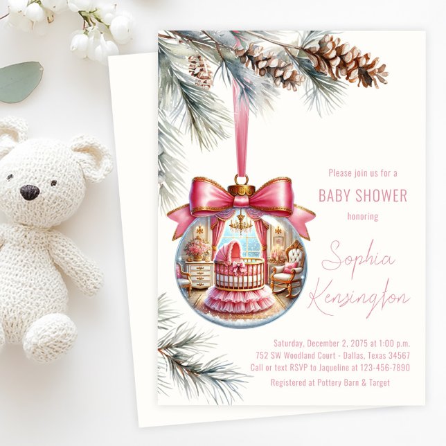 Invitación Elegante Navidades de ornamentos rosados Baby Show (Girl Christmas tree ornament baby shower invitation with glass ornament with pink nursery scene. )
