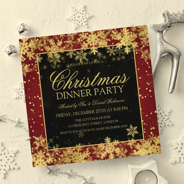 Invitación Elegante Navidades de oro rojo Fiesta invierno (Elegant Red Gold Christmas Dinner Party Winter Invitation)
