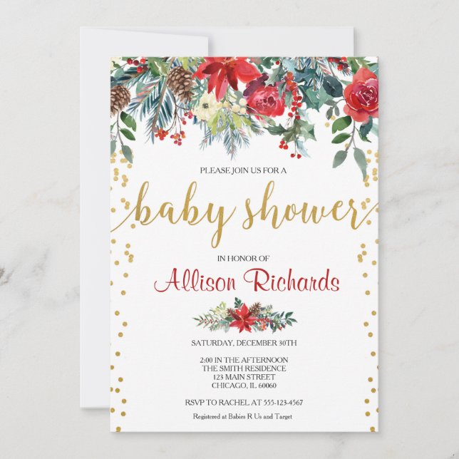 Invitación Elegante Navidades de oro rojo florido ducha bebé (Anverso)