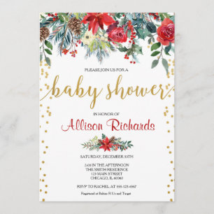 Invitación Elegante Navidades de oro rojo florido ducha bebé